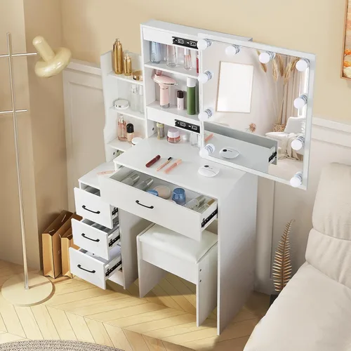 Tocador de maquillaje con espejo deslizante y luces LED en 3 colores, escritorio con múltiples estantes y 4 cajones, moderno juego de tocador con