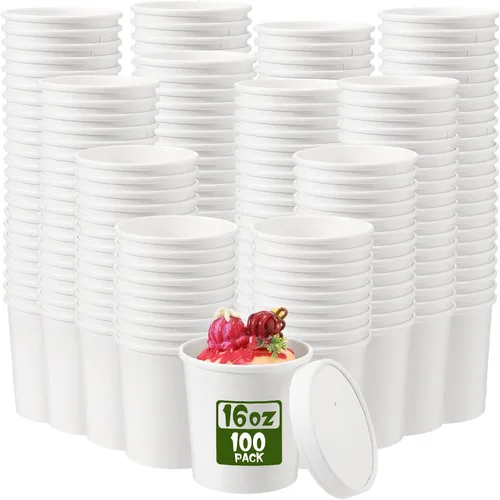 Miniatura 19 de Fulmoon Paquete de 100 recipientes de papel para sopa con tapas, recipientes de papel desechables para alimentos con tapa ventilada, tazas de postre