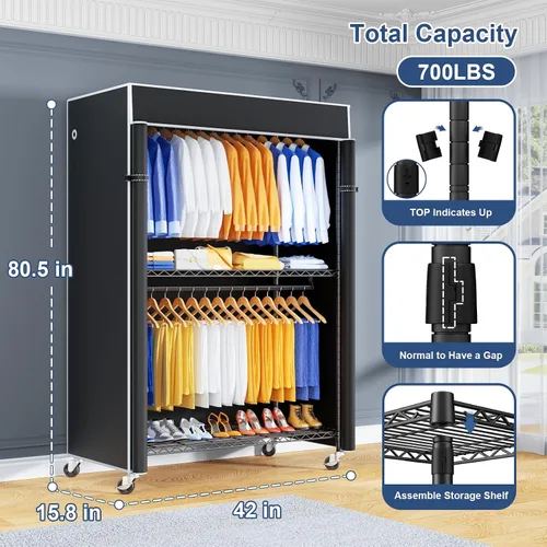 Miniatura 2 de ULIFHOME P8C Pro - Perchero resistente (con diseño de ancho extendido) para colgar ropa con ruedas bloqueables, 42 pulgadas de ancho x 15.8 pulgadas