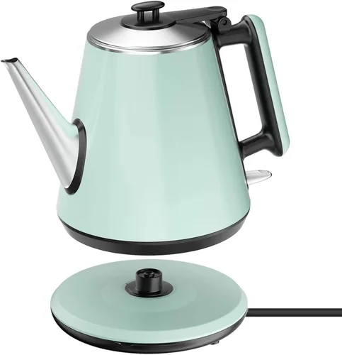 Hervidor eléctrico pequeño de 0.9 L, acero inoxidable 304, 1000 W de ebullición rápida, diseño verde vintage, apagado automático, protección contra