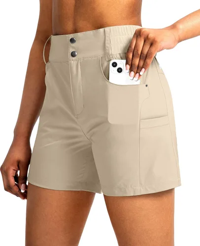 Miniatura 19 de Viodia - Pantalones cortos de senderismo de 5" para mujer, para golf con bolsillos, de cintura alta, elásticos, cargo, pantalones cortos para mujer