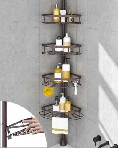 Miniatura 8 de SEIRIONE Estante de Ducha Esquinero con Barra de Tensión, Organizador de Ducha de Baño a Prueba de Óxido, Estante de Baño Ajustable de 4 Niveles