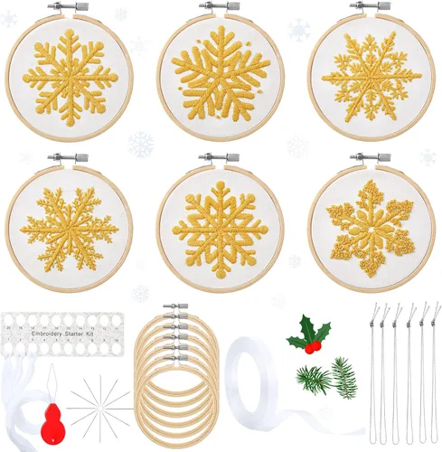 Roowest Juego de 6 juegos de bordado de Navidad para principiantes y adultos, diseño de copo de nieve de invierno, bordado de punto de cruz, kit de