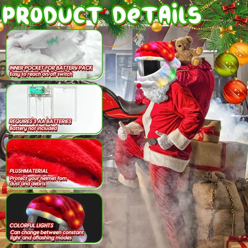 Miniatura 3 de Funda extra grande para casco de motocicleta de Papá Noel de Navidad con luz, sombrero de decoración de 30 x 15.8 pulgadas para hombres y mujeres