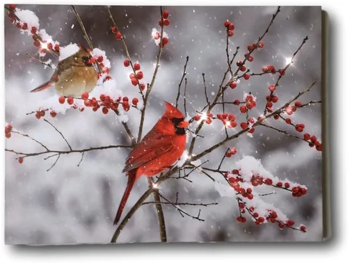 BANBERRY DESIGNS Impresión en lienzo de cardenales iluminados en la nieve, imagen LED con pareja cardenal y bayas navideñas, mide 11.75 x 15.75