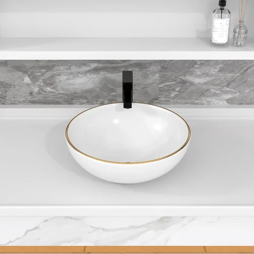 Miniatura 5 de Fregadero de recipiente blanco redondo - Fulorni 33x33 cm Lavabo de baño de cerámica de porcelana con borde dorado sobre encimera, fregadero