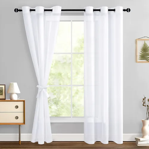 Miniatura 147 de Hiasan - Cortinas traslúcidas de gasa cortas semitransparentes con ojales y alzapaños filtrantes de luz para ventana, dormitorio, baño, 2 paneles