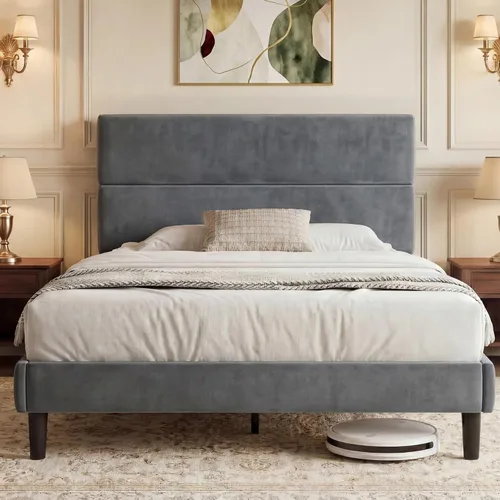 Miniatura 3 de GRUSIGN Base de cama de plataforma tamaño Queen con cabecera de terciopelo, soporte de listones de madera de altura ajustable, base de colchón Gris