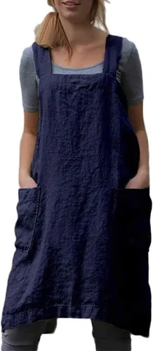 Delantal Pinafore con espalda cruzada con bolsillos, delantal de lino y algodón, talla grande Azul