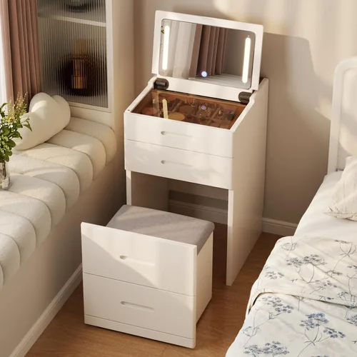 Miniatura 10 de Muwuele Escritorio de tocador 3 en 1 de madera maciza con espejo abatible, sin montaje, tocador compacto con silla oculta, pequeño juego de tocador