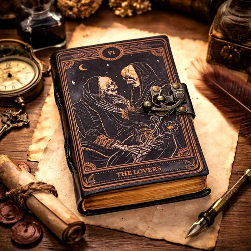 Miniatura 9 de C CUERO Libro de hechizos Diario de cuero con borde deckle de papel Grimorio impreso diario de los amantes del tarot, cuaderno de tarot en espiral
