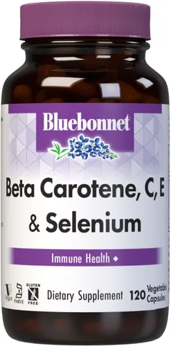 BlueBonnet Cápsulas vegetarianas de selenio Beta Carotene C y E Plus, 120 unidades, color blanco