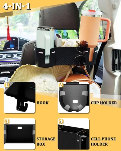 Miniatura 4 de Soporte para portavasos de asiento trasero de automóvil de 3.7 pulgadas con organizador, organizador de respaldo de asiento 4 en 1 de alta capacidad