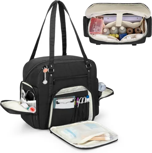 Miniatura 5 de LoDrid Bolsa de mano para enfermera con parte inferior acolchada, bolsa de enfermería para salud en el hogar, bolsa de trabajo de enfermera con Negro