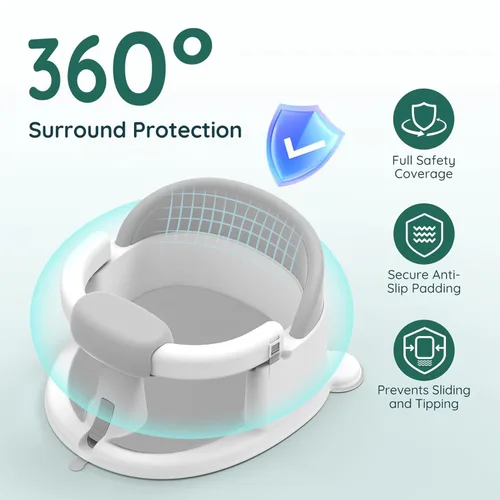 Miniatura 4 de Asiento de Baño para Bebé Bañera para Bebé - con Ventosas Fuertes y Soporte Envolvente de 360° - Liberación Fácil, Cojín Antideslizante, Gris