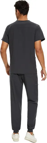 Miniatura 2 de COZYFIT Conjunto de ropa quirúrgica para hombre camiseta elástica con cuello en V y pantalón deportivo con 8 bolsillos, cintura de yoga, ropa