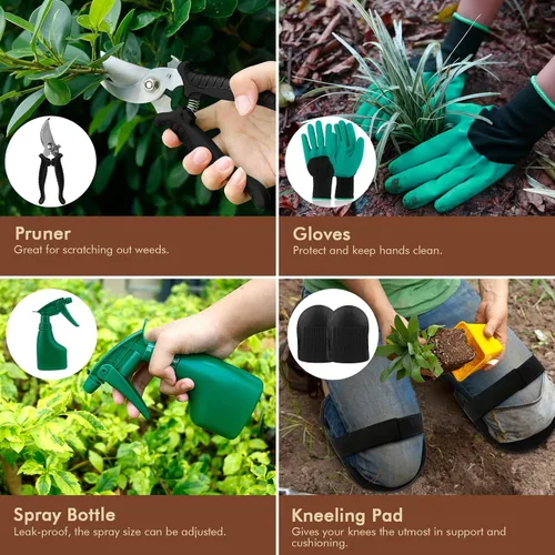 Miniatura 5 de YAUNGEL Herramientas de jardín - Juego de 10 herramientas de jardín de acero inoxidable resistente, herramientas de mano con mango de madera, bolsa