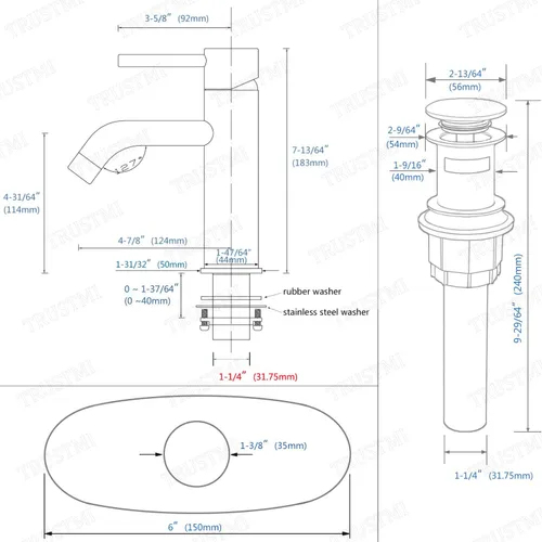 Miniatura 7 de TRUSTMI Grifo de baño de oro cepillado de un solo agujero, grifo de latón moderno para fregadero de baño, placa de cubierta de 6 pulgadas y drenaje