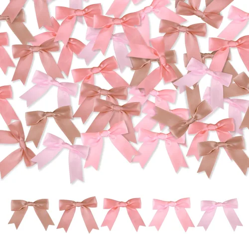 Meseey 50 lazos de satén preatados de oro rosa polvoriento, de 2.5 pulgadas, para bolsas de golosinas, envoltura de regalos, boda, baby shower, Rosa