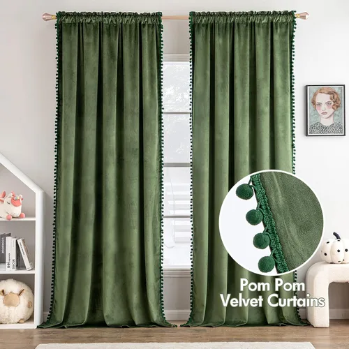 Miniatura 2 de MIULEE - Cortinas de terciopelo con pompón verde oliva para dormitorio/sala de estar, cortinas opacas de 84" de largo, con aislamiento térmico