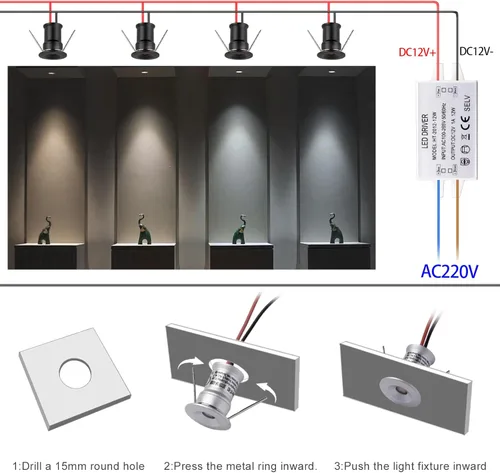 Miniatura 3 de Mini foco LED 902 de 120°, DC12V 1W, 80Ra, 75lm, tamaño pequeño, instalación empotrada, adecuado para iluminación de gabinetes como gabinetes