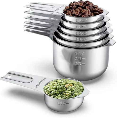 Wildone - Juego de 7 tazas medidoras de acero inoxidable con marcas fáciles de leer para medir ingredientes secos o líquidos, juego de 7