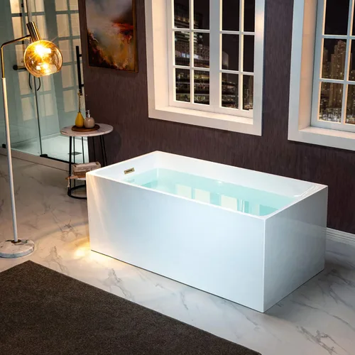 Miniatura 12 de WOODBRIDGE Bañera de acrílico independiente de 67 pulgadas, bañera blanca de remojo contemporáneo con desbordamiento y drenaje de oro cepillado