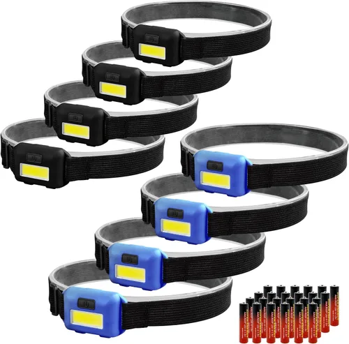 Miniatura 10 de Paquete de 8 faros LED para adultos y niños, 1.1 onzas/1.09 oz, lámpara de inundación COB ultra brillante con 3 modos, 24 pilas AAA, linterna