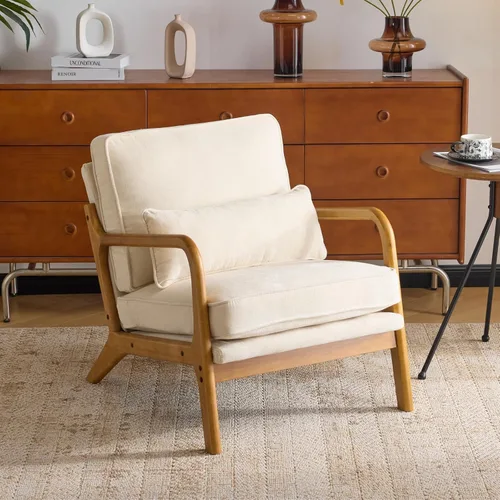 Miniatura 27 de Karl home Silla de acento moderna de mediados de siglo con cojín, tapizada en tela de lino, silla de salón con brazo, estructura sólida de madera
