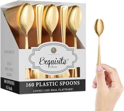 Exquisite Cucharas de té de plástico doradas de alta resistencia, 160 piezas de cubiertos de plástico dorado, juego de cubiertos desechables de alta