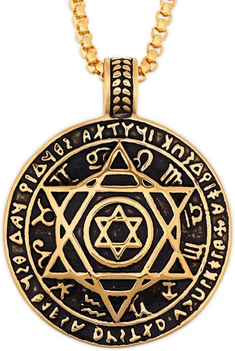 HAQUIL Seal of Solomon Necklace, Stainless Steel 12 Constellations Hexagram Six Pointed Star of David Protection Amulet Pendant, Box Chain, Jewish