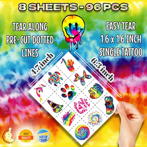 Miniatura 3 de Tatuajes temporales de teñido anudado, 96 piezas de tatuajes para niños, suministros de fiesta temática de cumpleaños, 8 hojas de decoración