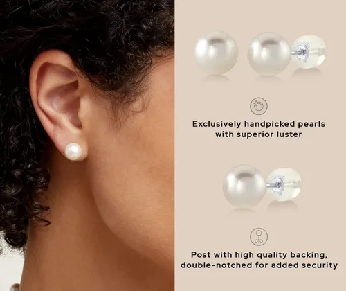 Miniatura 3 de THE PEARL SOURCE Aretes de perlas reales de Akoya japonesas blancas para mujer, aretes de oro de 14 quilates, hipoalergénicos con perlas cultivadas