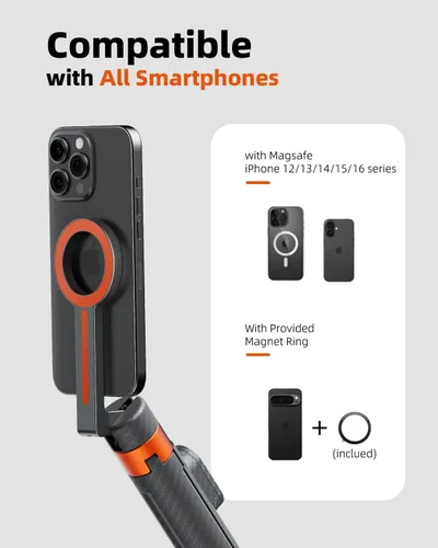Miniatura 4 de TODI Trípode magnético de 65" para iPhone con control remoto, palo de selfie para iPhone Magsafe, soporte de trípode para teléfono celular