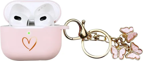 Miniatura 15 de Funda compatible con AirPods 3 2021, funda de silicona suave con patrón de corazón dorado para AirPods de 3ª generación con bonito llavero de Negro