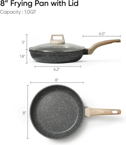 Miniatura 2 de CAROTE - Sartén antiadherente de 8 pulgadas con tapa de vidrio, sartén para huevos y tortillas, utensilios de cocina de granito, libre de PFOA