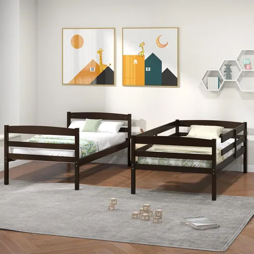 Miniatura 4 de KOMFOTT - Litera con tamaño doble sobre dos individuales, estructura de litera de madera con barandilla de longitud completa y escalera integrada