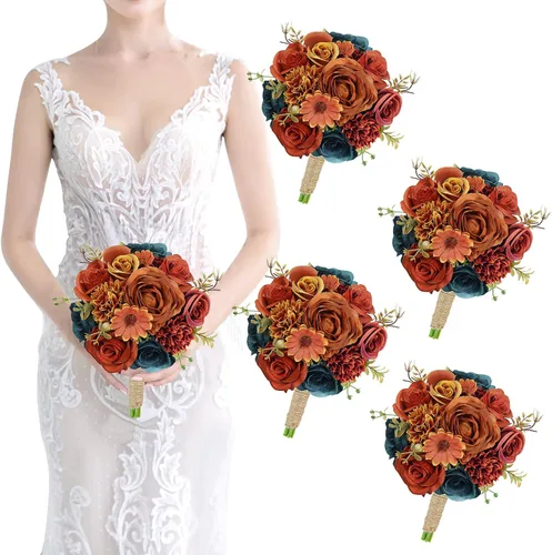 Miniatura 15 de Ramos de dama de honor para boda, juego de 6 ramos de flores artificiales para decoración de otoño, boda, propuesta de matrimonio, fiesta, Naranja