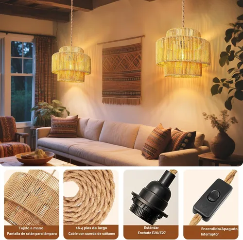 Miniatura 2 de Lámpara colgante de ratán - iluminación colgante de 16.4 pies con cable enchufable, enchufe a toma de pared, interruptor de encendido y apagado