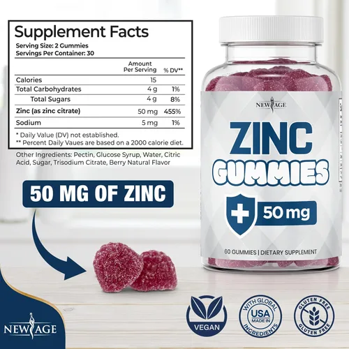 Miniatura 2 de NEW AGE Gomitas de zinc - Suplemento de zinc de 50 mg, suplemento inmunológico, antioxidante, sin OMG (60 unidades (paquete de 1))