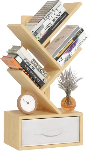 Miniatura 28 de SHEEPAM - Estantería pequeña con cajón, estantería de 4 niveles en forma de árbol en color negro, estantería de escritorio de madera, estanterías
