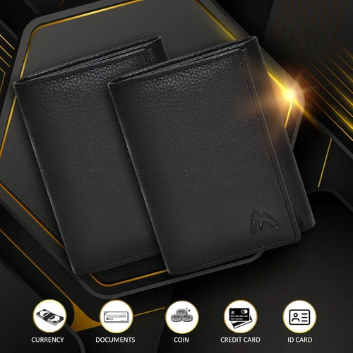 Miniatura 3 de Cartera de cuero RFID hecha a mano para hombres, elegante cartera de bolsillo frontal triple con 2 ranuras para identificación y 9 tarjetas, Negro
