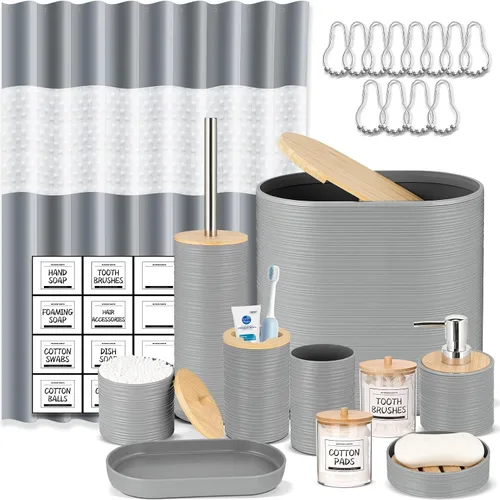 Miniatura 9 de IMAVO Juego de accesorios de baño - Juego de 11 piezas de accesorios de baño beige con cubo de basura, dispensador de jabón, jabonera, soporte