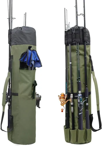 Miniatura 8 de Allnice Bolsa organizadora de lona duradera para caña de pescar y carrete, bolsa de transporte de viaje, con capacidad para 5 postes y aparejos Negro