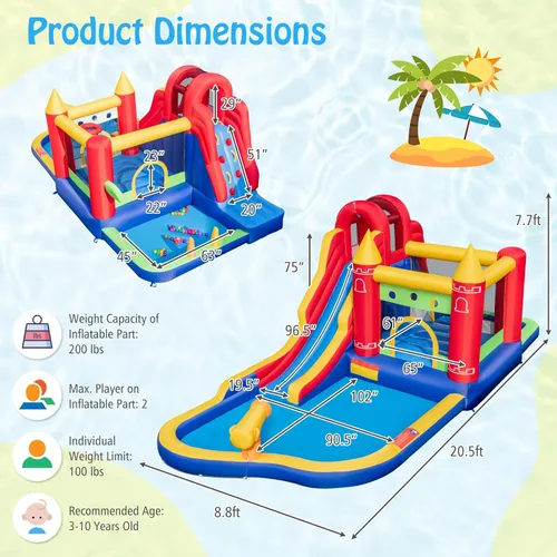 Miniatura 8 de HONEY JOY Tobogán acuático inflable, casa de rebote de tobogán acuático 9 en 1 con piscina de salpicaduras, tobogán largo, pozo de bolas con 50