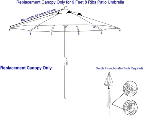 Miniatura 6 de Toldo de repuesto para sombrilla de patio de 9 pies con 8 varillas, toldo ventilado, resistente a la decoloración, UPF 50+ excelente protección solar