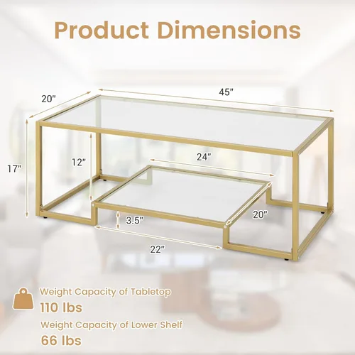 Miniatura 2 de KOTEK Mesa de centro moderna de vidrio templado, mesas centrales rectangulares de 45 pulgadas de ancho con estante de almacenamiento de 2 niveles