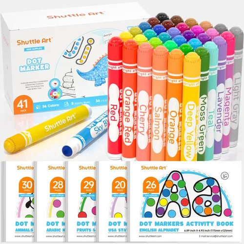Shuttle Art Marcadores de puntos, 36 colores lavables con 135 hojas de actividades, 5 libros de actividades, divertidos suministros de arte para 36