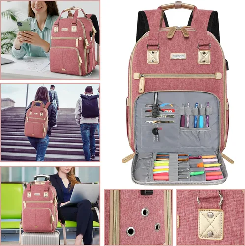Miniatura 7 de SINVICKO Bolsa de ganchillo, mochila de tejido y organizador de bolsas con puerto de carga USB, bolsa grande de almacenamiento de hilo Rosa