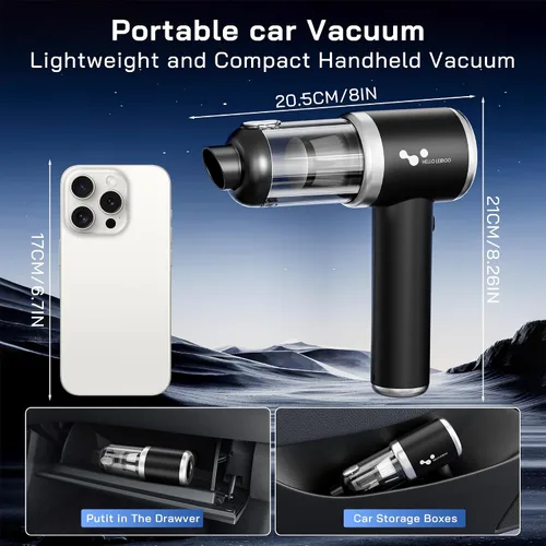 Miniatura 6 de helloleiboo Aspiradora de mano para automóvil, 16000 PA, aspiradora de coche portátil inalámbrica de 120 W, de alta potencia, 4 en 1, mini